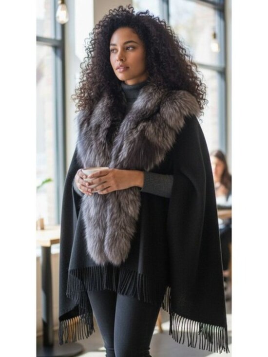 DESIGNER ANAABELL NEW YORK BLACK WOOL BLEND SILVER GREY FOX COLLAR FRINGE CAPE - Picture 9 of 9
